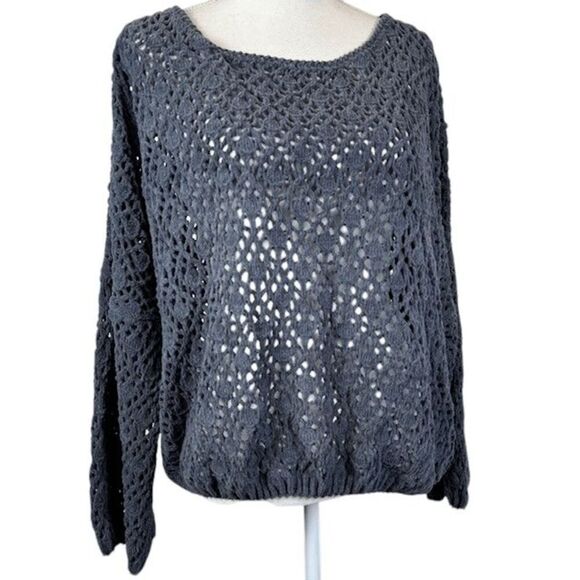 POL Chenille Open Knit Sweater Drop Shoulder Dark Gray Stretchy Size Large - Picture 2 of 11